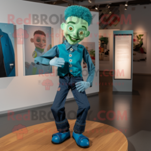 Cyan Irish Dancer mascot costume character dressed with a Jeans and Pocket squares
