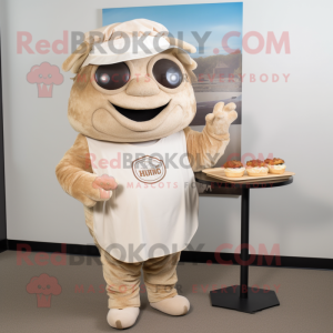 Beige Pulled Pork Sandwich mascot costume character dressed with a Henley Shirt and Cummerbunds