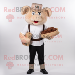 Beige Pulled Pork Sandwich mascot costume character dressed with a Henley Shirt and Cummerbunds