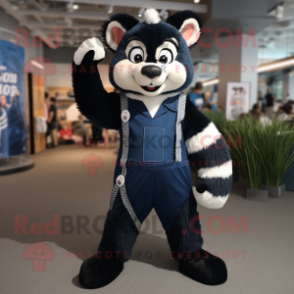 Navy Skunk mascot costume character dressed with a Dungarees and Suspenders