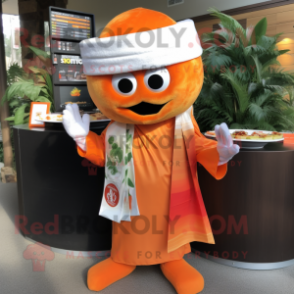 Orange Sushi mascot costume character dressed with a Dress Shirt and Scarves