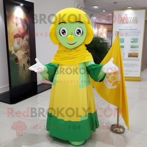 Yellow Irish Flag mascot costume character dressed with a Dress and Shawls