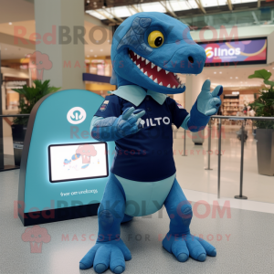 Navy Allosaurus mascot costume character dressed with a Playsuit and Smartwatches