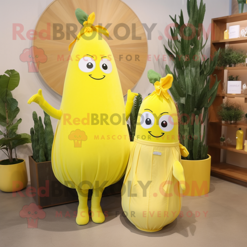 Lemon Yellow Zucchini mascot costume character dressed with a Midi Dress and Cummerbunds