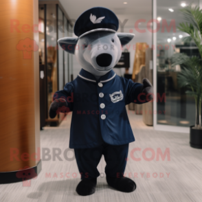 Navy Tapir mascot costume character dressed with a Sheath Dress and Beanies