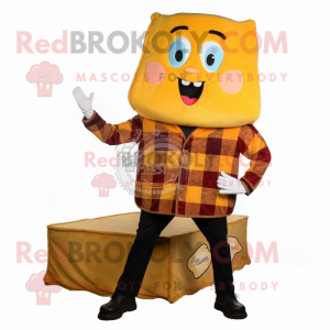 Gold Grilled Cheese Sandwich mascot costume character dressed with a Flannel Shirt and Shoe clips