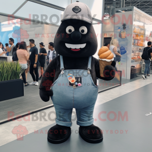 Black Ice Cream Cone mascot costume character dressed with a Denim Shorts and Suspenders