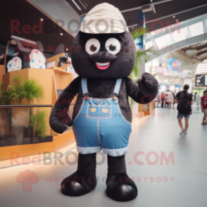 Black Ice Cream Cone mascot costume character dressed with a Denim Shorts and Suspenders