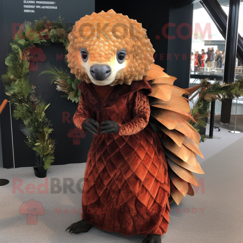 Rust Pangolin Mascot Costume Character Dressed With A Evening Gown And Headbands Mascot 6289
