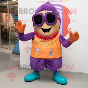 Purple Tikka Masala mascot costume character dressed with a Shorts and Sunglasses