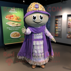 Lavender Tacos mascot costume character dressed with a Sheath Dress and Shawl pins