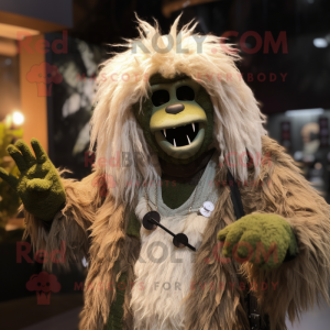 Olive Yeti mascot costume character dressed with a Leather Jacket and Hairpins