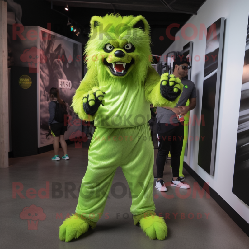 Lime Green Werewolf mascot costume character dressed with a Joggers and Backpacks