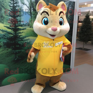 Yellow Chipmunk mascot costume character dressed with a Sheath Dress and Keychains