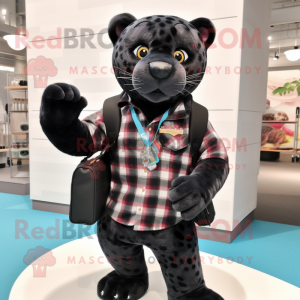 Black Jaguar mascot costume character dressed with a Flannel Shirt and Handbags