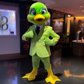 Lime Green Gosling mascot costume character dressed with a Suit Jacket and Rings