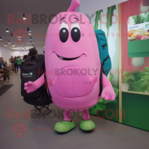 Pink Zucchini mascot costume character dressed with a Polo Tee and Backpacks