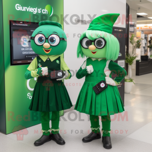 Forest Green Irish Flag mascot costume character dressed with a Shift Dress and Smartwatches