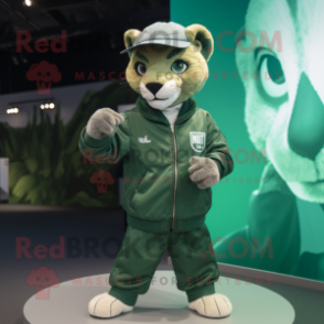 Green Puma mascot costume character dressed with a Bomber Jacket and Ties