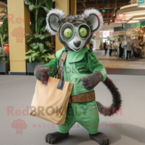 Forest Green Lemur mascot costume character dressed with a Corduroy Pants and Tote bags