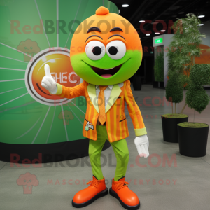 Lime Green Orange mascot costume character dressed with a Blazer and Rings