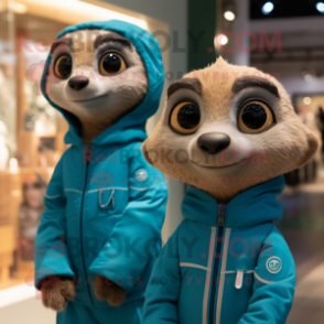 Teal Meerkat mascot costume character dressed with a Windbreaker and Watches