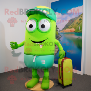 Lime Green Candy Box mascot costume character dressed with a Board Shorts and Wallets