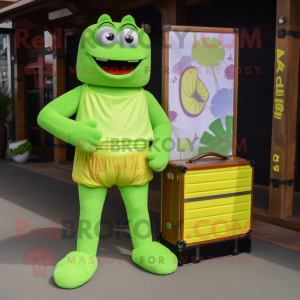 Lime Green Candy Box mascot costume character dressed with a Board Shorts and Wallets