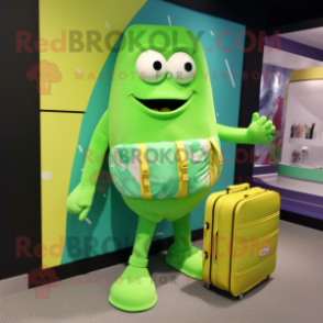 Lime Green Candy Box mascot costume character dressed with a Board Shorts and Wallets