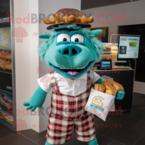 Teal Pulled Pork Sandwich mascot costume character dressed with a Graphic Tee and Pocket squares