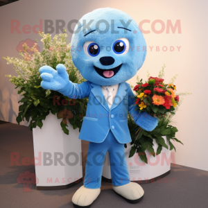 Blue Bouquet Of Flowers mascot costume character dressed with a Suit Jacket and Handbags
