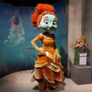 Rust Mermaid mascot costume character dressed with a A-Line Dress and Cummerbunds