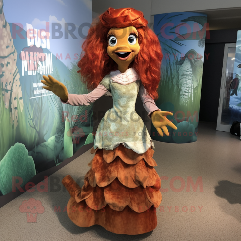 Rust Mermaid mascot costume character dressed with a A-Line Dress and Cummerbunds