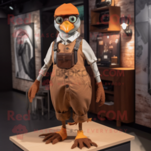 Rust Pigeon mascot costume character dressed with a Joggers and Suspenders