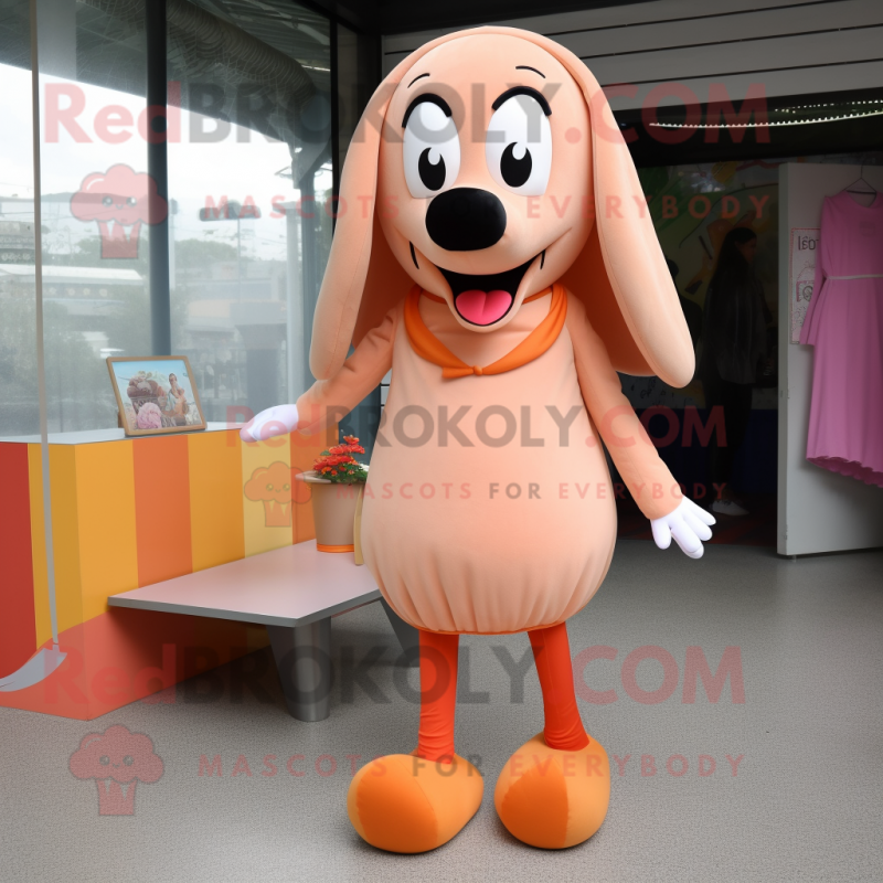 Peach Hot Dog mascot costume character dressed with a Mini Skirt and Shoe laces Mascot Costumes Redbrokoly Sizes L 175 180CM