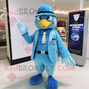 Sky Blue Hawk mascot costume character dressed with a Suit and Berets