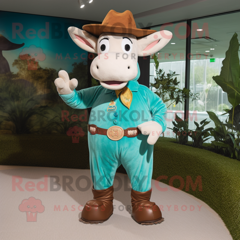 Personaje de traje de mascota de vaca beige vestido con un chaleco