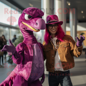 Magenta Velociraptor mascot costume character dressed with a Boyfriend Jeans and Cummerbunds