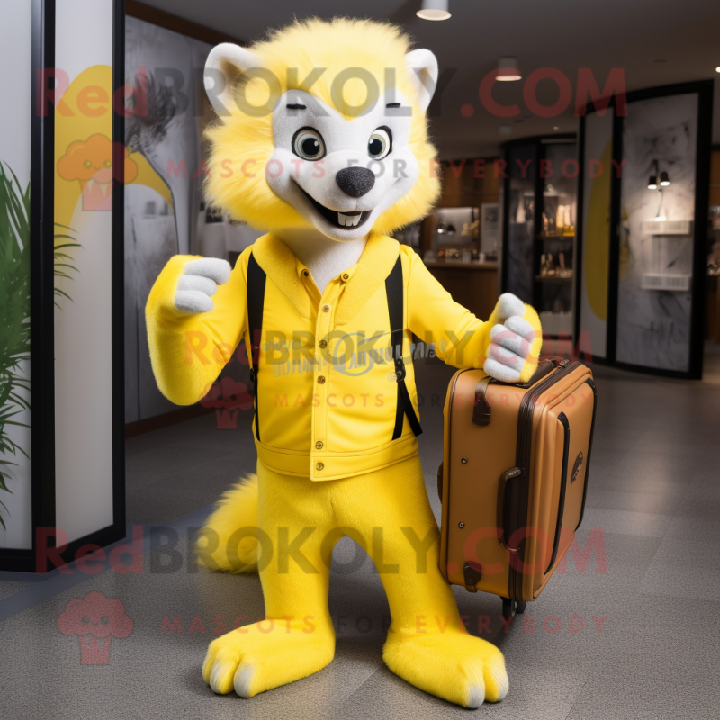 Lemon Yellow Skunk mascot costume character dressed with a Jeans and Briefcases