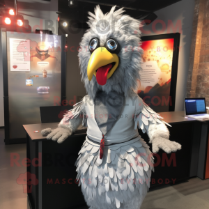 Silver Tandoori Chicken mascot costume character dressed with a Dress Shirt and Hair clips