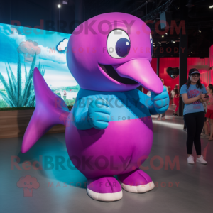 Magenta Blue Whale mascot costume character dressed with a T-Shirt and Watches