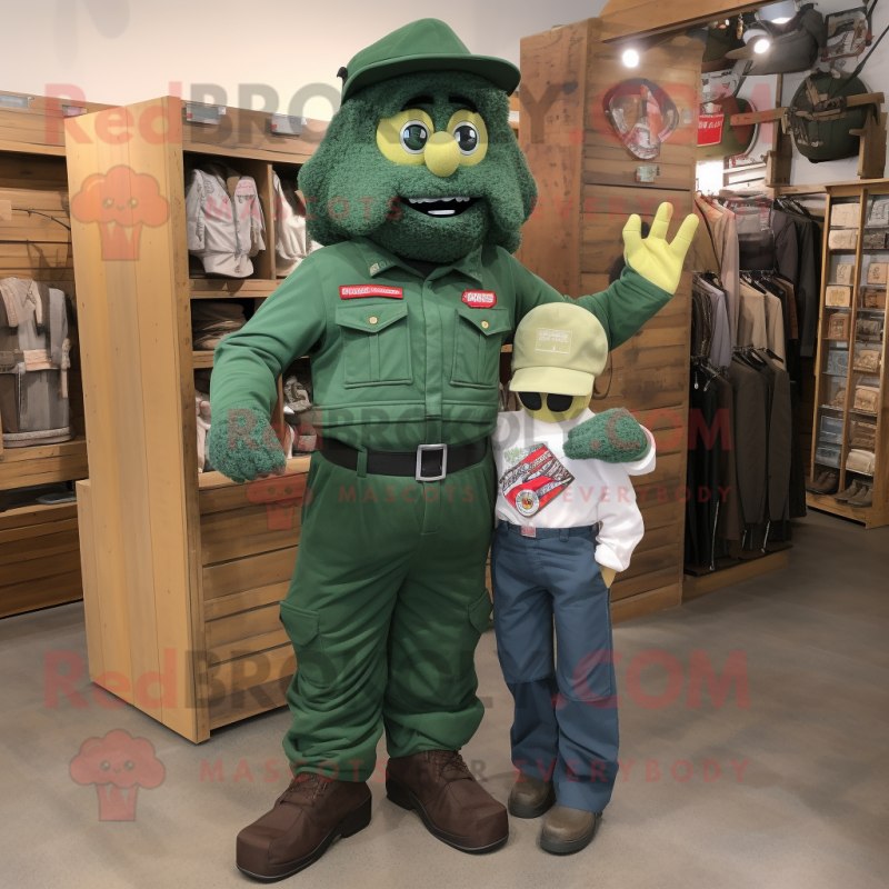 Forest Green Commando mascot costume character dressed with a Mom Jeans and Suspenders