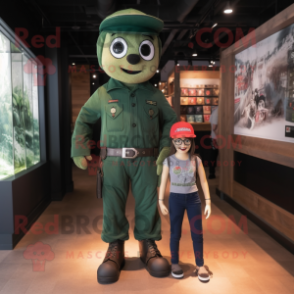 Forest Green Commando mascot costume character dressed with a Mom Jeans and Suspenders