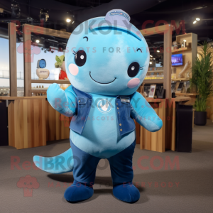 Sky Blue Narwhal mascot costume character dressed with a Dungarees and Keychains