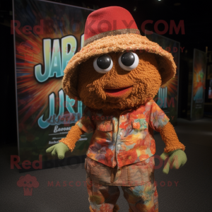 Rust Jambalaya mascot costume character dressed with a Shorts and Hat pins