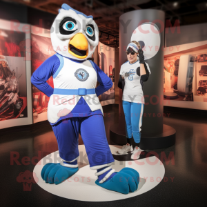 White Blue Jay mascot costume character dressed with a Yoga Pants and Wraps