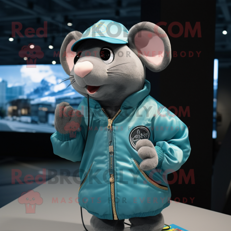 Cyan Rat mascot costume character dressed with a Bomber Jacket and Rings