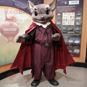 Maroon Bat mascot costume character dressed with a Empire Waist Dress and Lapel pins