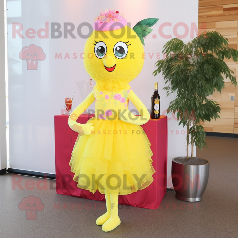 Lemon Yellow Raspberry mascot costume character dressed with a Cocktail Dress and Headbands