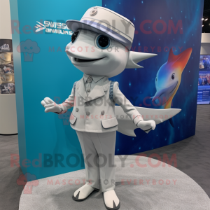 Silver Swordfish mascot costume character dressed with a Shift Dress and Pocket squares